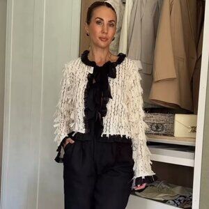 Zara contrasting fringed bow tie cardigan white black L NWT